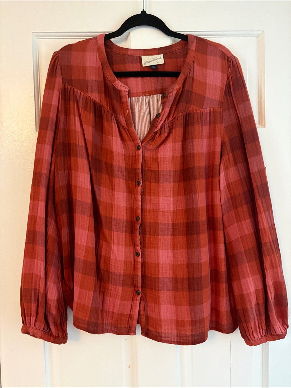Universal Thread Rust Plaid Crinkle Button Up Blouse Women’s XXL